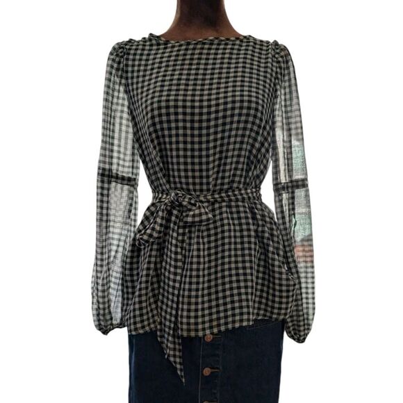 Max Studio chiffon gingham peasant blouse with removable tie belt size S - Picture 15 of 16